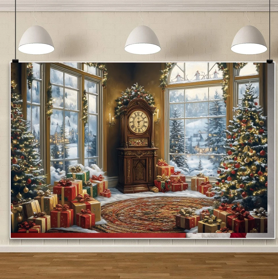 Christmas Oil Painting Style Backdrop Clock Snowy Window Xmas Trees Gifts Indoor Family Vintage Festive Photography Backgrounds