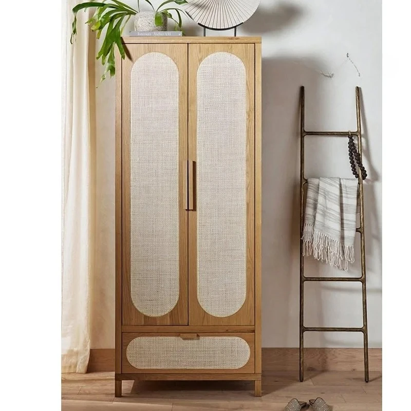 Nordic solid wood wardrobe modern ash wood rattan locker master bedroom simple storage Japanese-style household small apartment