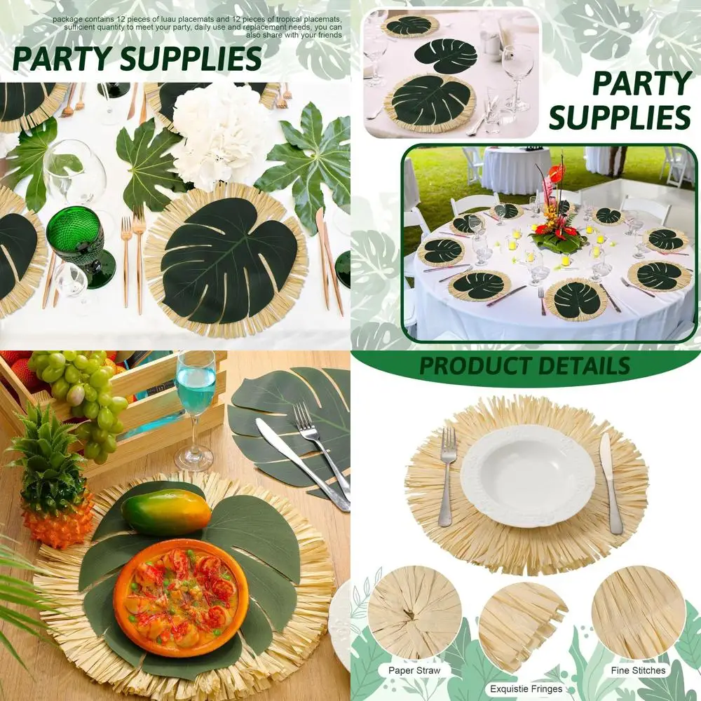 

Tropical Luau Palm Leaf Placemats, Bulk Round Fringe Table Mats for Summer Hawaiian Party Supplies