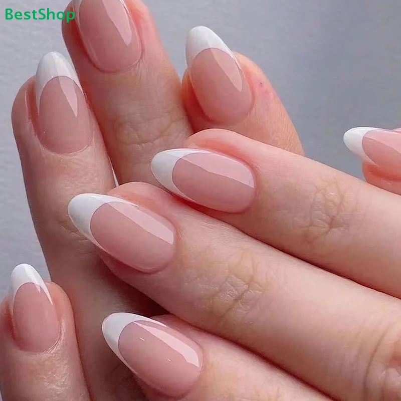 ✍120/240/360Pcs/Box Glossy Soft Gel Pink French Nail Tips Medium Almond White Simple Press On Nails Huge Capacity False Nails