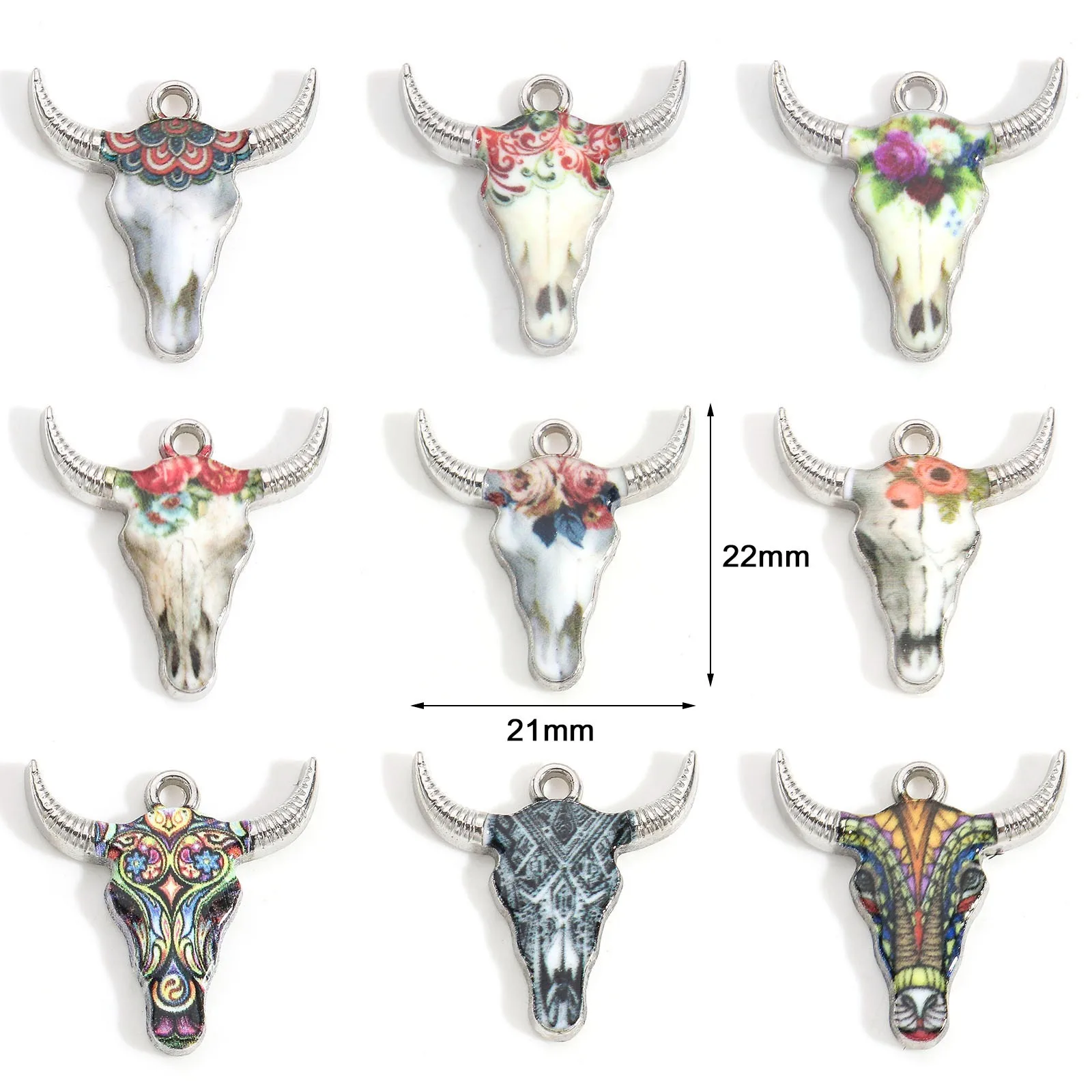8Seasons Zinc Alloy Charms Cow Animal Charms Gold Color Multicolor Enamel Pendants Bohemian DIY Necklace Jewelry 22mmx21mm,10PCs