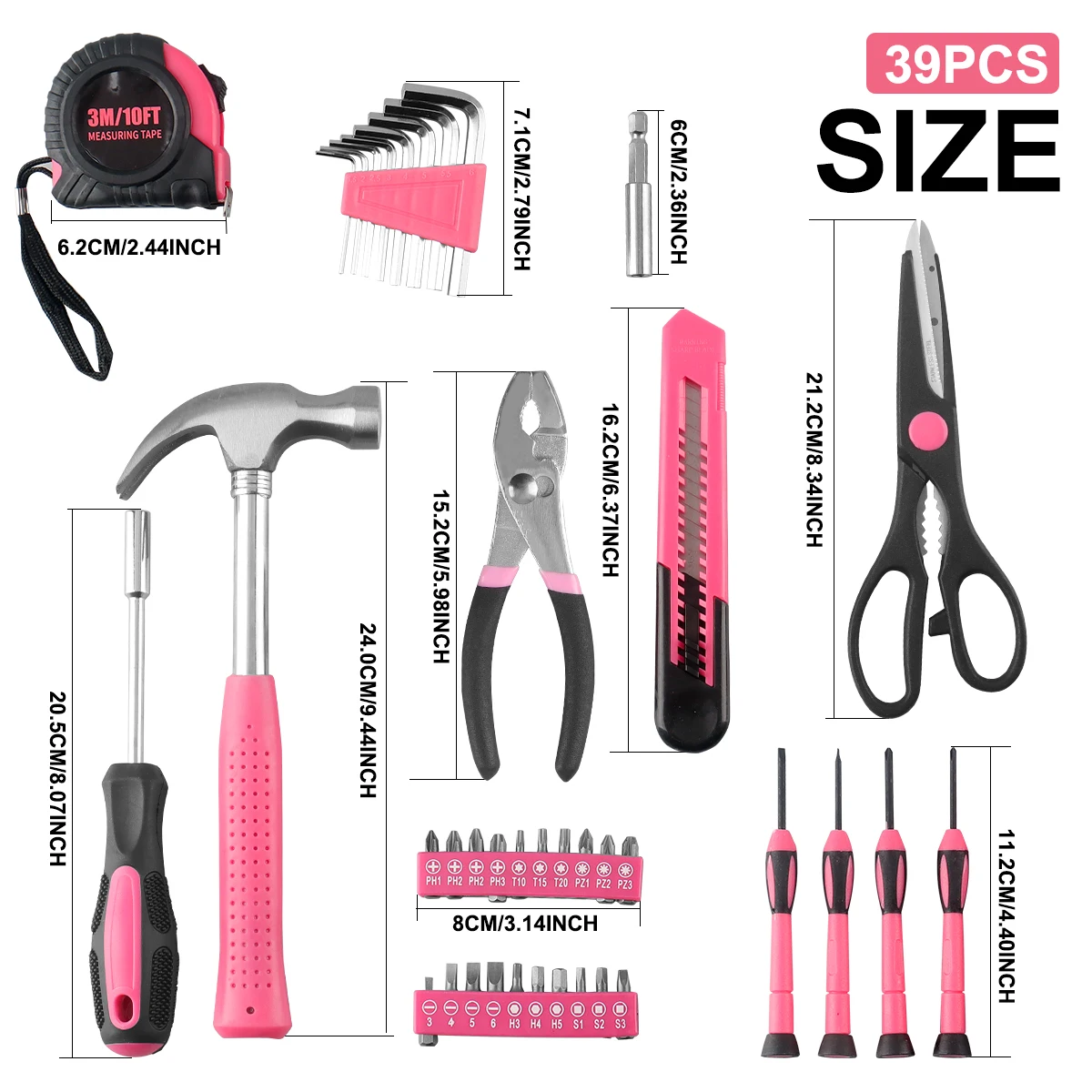 39Pcs Household Repair Tool Kit Multipurpose Pink Home Hand Tool Set with Storage Case Durable Hammer and Screwdriver Set