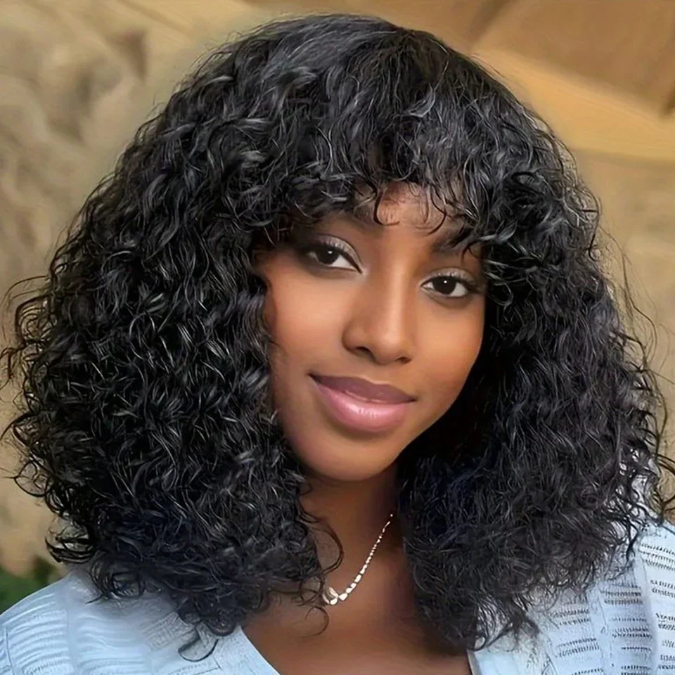 Schlanke Jerry Curly Short Bob Echthaarperücken mit Pony, kleberlose Perücke, Highlight Honey Water Wave Blonde gefärbte Perücken für Damen