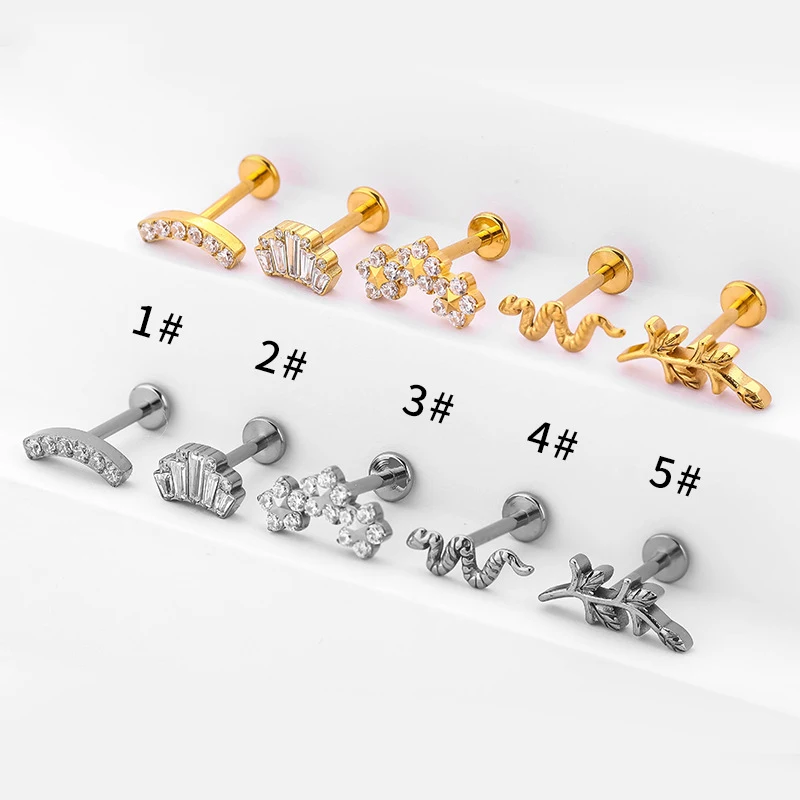 1PC ASTM F136 Titanium Piercing Labret Lip Stud Snake Flower Zircon Internal Thread Ear Stud Helix Cartilage Tragus Body Jewelry