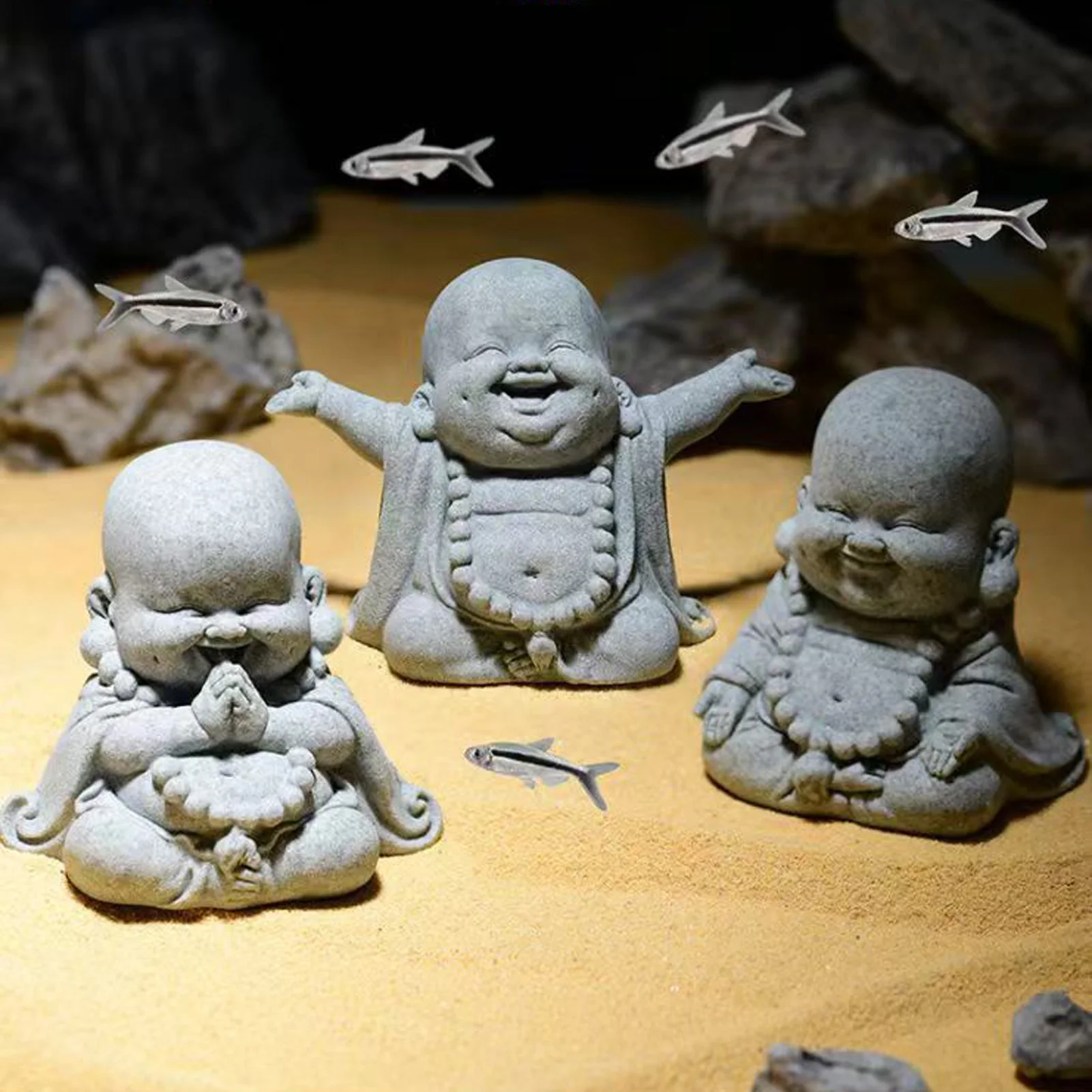 Mini Green Sandstone Buddha Statue Chinese Style Desktop Decoration Small Landscape Fish Tank Ornaments
