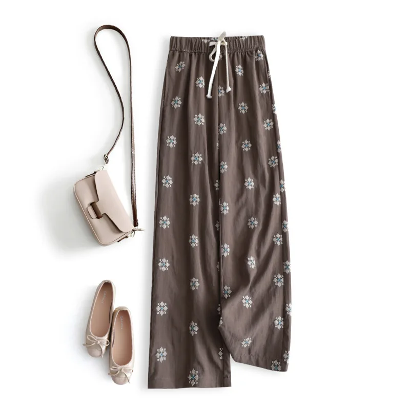

Women Embroidered Ankle-length Pants Spring Summer Elastic Waist Loose Cotton Linen Casual Pant