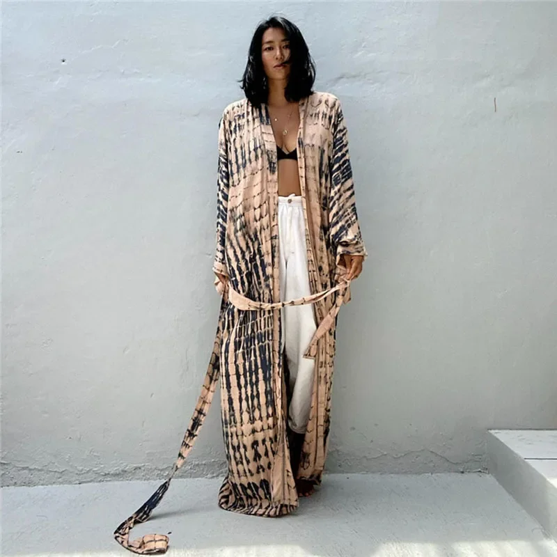 Tie Dye Algodão Praia Kimono Swimwear Boêmio Biquíni Oversized Cover Up Batwing Manga Longo Cardigan Roupas Femininas