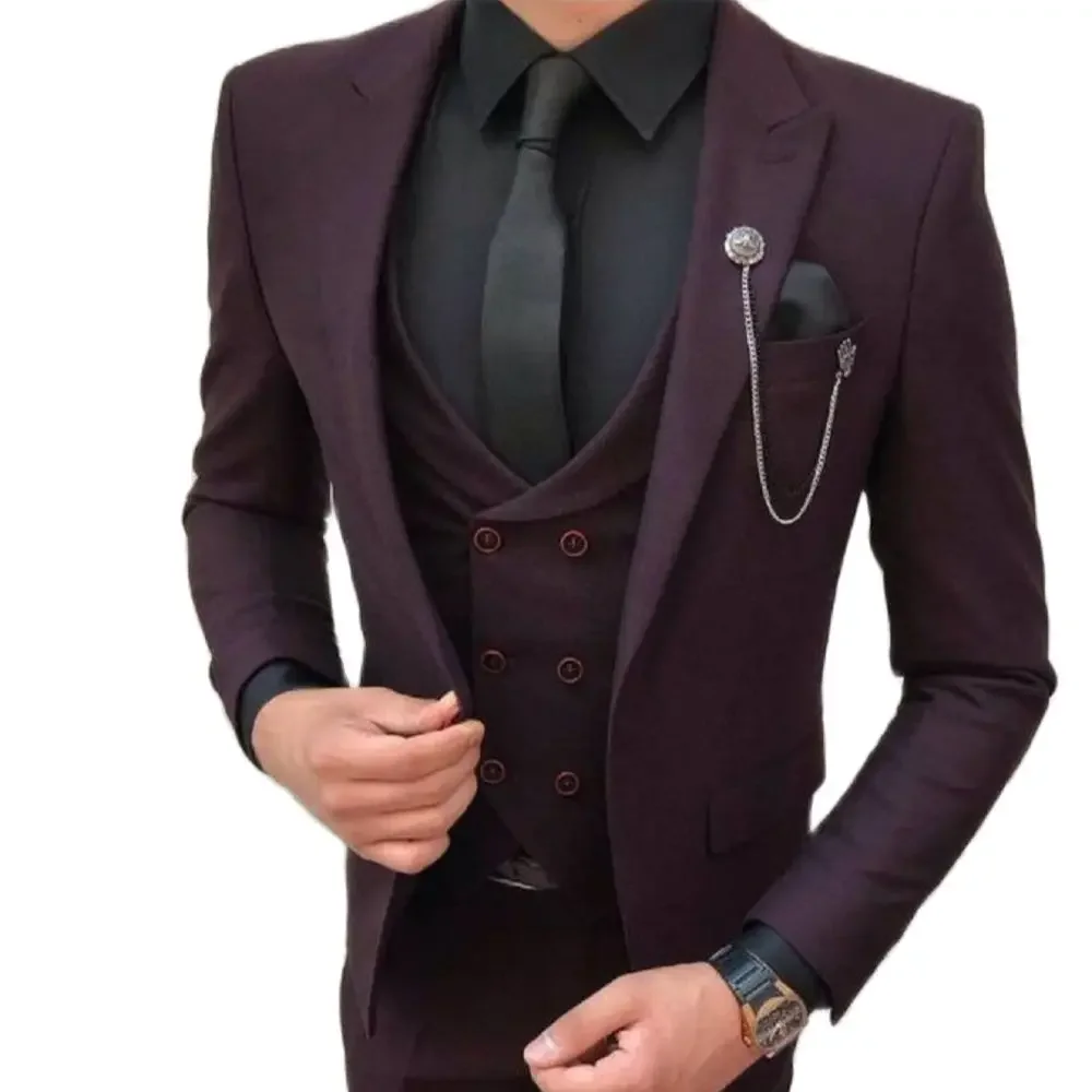 Setelan jas pria bisnis cerdas Burgundy, setelan jas pria bisnis cerdas, ramping, 3 potong, jas tuksedo pengantin pria, rompi dua baris, Blazer pesta Prom, set Blazer Terno Masculino