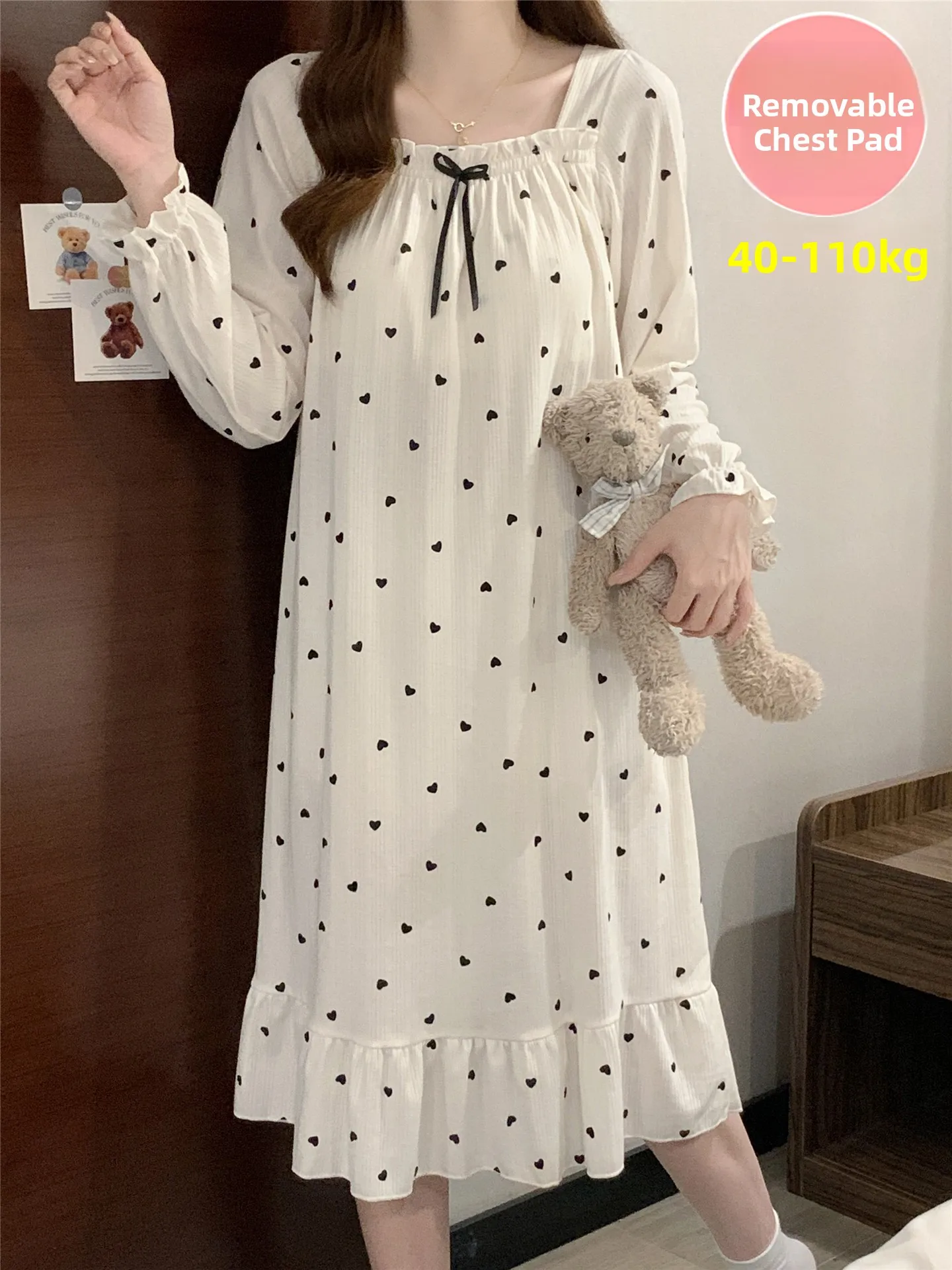 Pure Cotton Long Sleeve Sleep Dress with Chest Pad Women's plus Size Home Clothes Comfortable Breathable Spring Autumn Dress