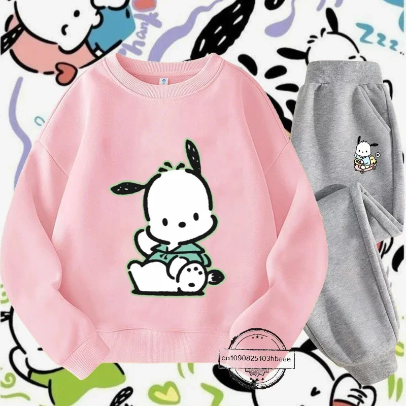 Autumn and winter new cartoon print Pochacco Sanrio children's crewneck hoodie set boys and girls autumn long sleeve casual