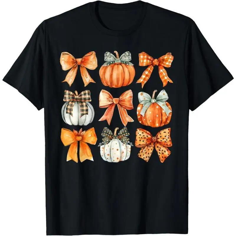 

Cute Fall Pumpkin Bow T-shirt for Women Thanksgiving Graphic Tee Watercolor Country Style Holiday Top Harvest Gift