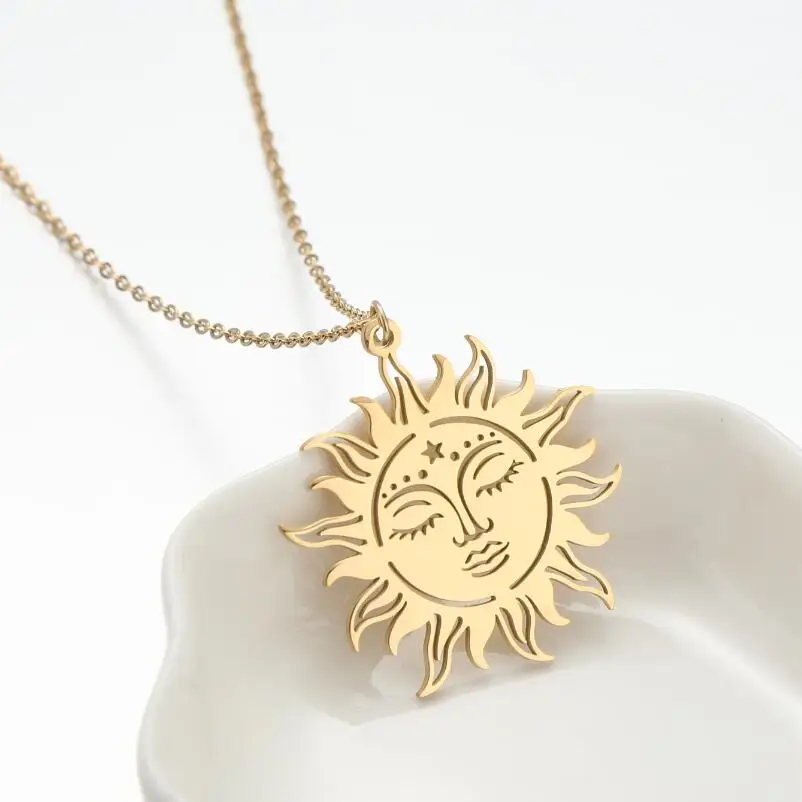 Sun Face Moon Pentagram Pendant Necklace For Women Gold Stainless Steel Necklace Chain Desinger Charms Collares Para Mujer