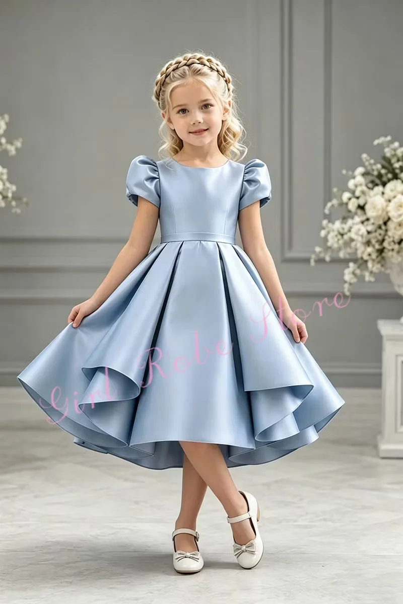Quality Blue Satin Flower Girl Dress For Wedding Short Sleeves Puffy Elegant Kids First Communion Formal Events Gown Customized