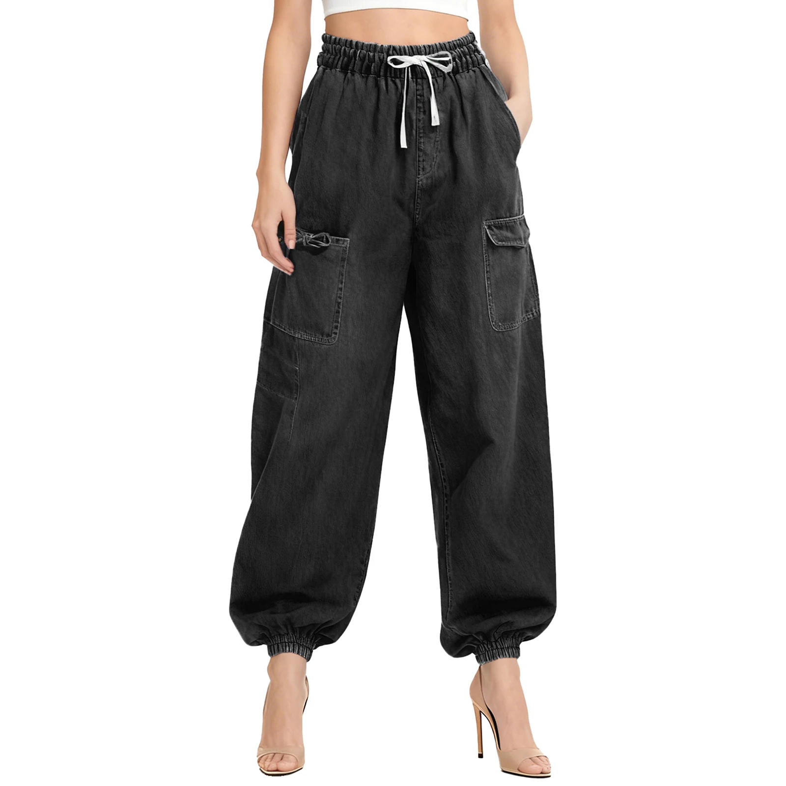 Calça jeans feminina elegante e folgada, vários bolsos, cintura elástica com cordão, calça jogger, calça longa jeans para uso diário casual