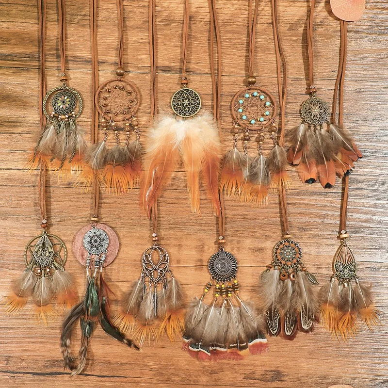 Classic Geometry Pendant Necklaces Sweater Chain Dreamcatcher Handmade Braided Brown Feather Necklace Boho Jewelry for Women