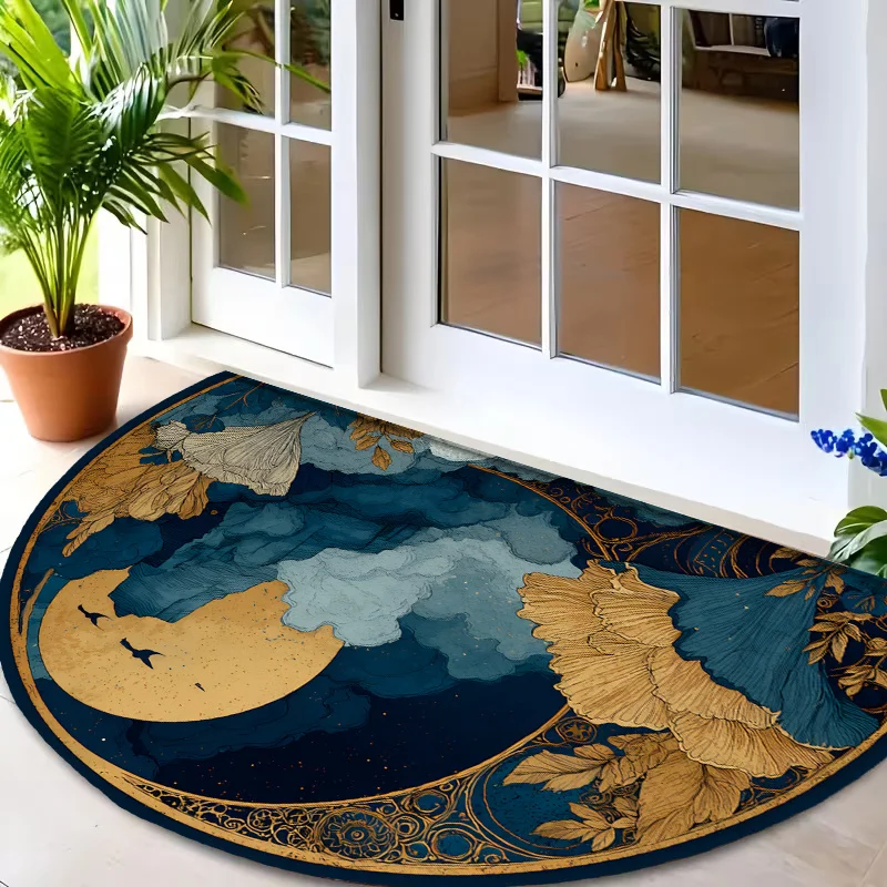 Ethereal Golden Foil Style Cloud And Moon Motif Semi Circle Rug Commercial Welcome Doormat For Restaurant Supermarket