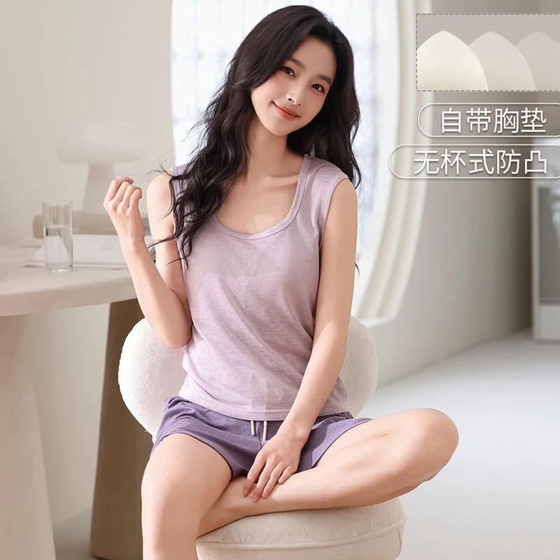 

Летний хлопковый пижамный комплект 2026: безрукавка и шорты для женщин, корейский свободный домашний костюм для сна и отдыха