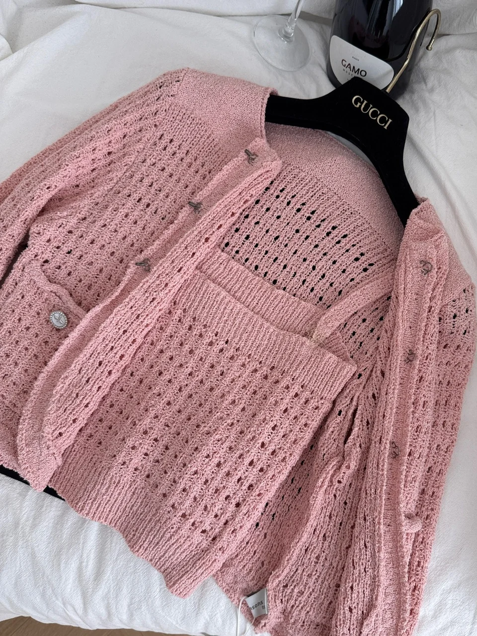 Pink Hollow out ort Cardigan Jaet Slimming Base Layer Romantic Encounter with Ele Lady Faion Set for Young Women
