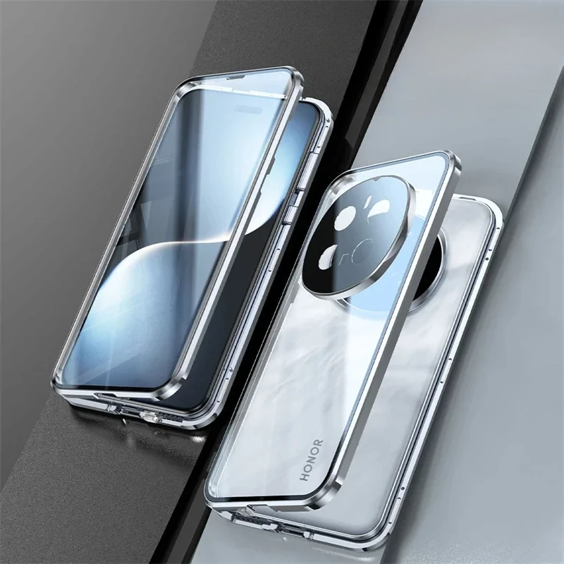

Full Lens Protection Metal Magnetic Phone Case For Honor magic 8 7 6 Pro 5 Lite 5G Double Sided Tempered Glass Back Cover Cases