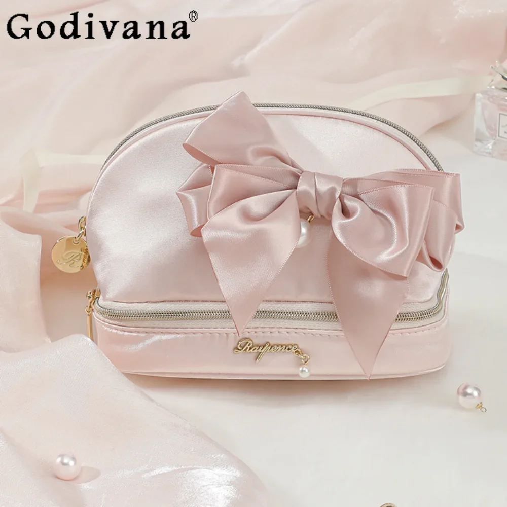 

Japanese Sweet Cute Bowknot Solid Color Shell Clutch Bag Portable Toiletry Case for Girls Toiletries Cosmetic Organizer