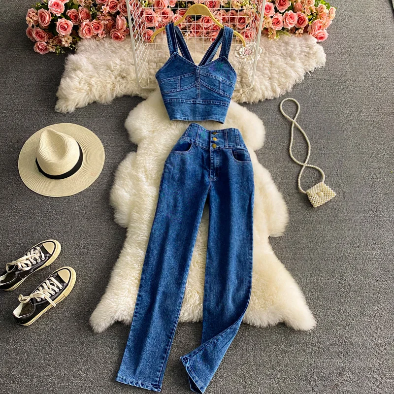 Cool Denim Pants Set For Women Spaghetti Strap Blue Tank Tops+High Waist Slim Straight Jeans Female Summer Fashion Pant Suits