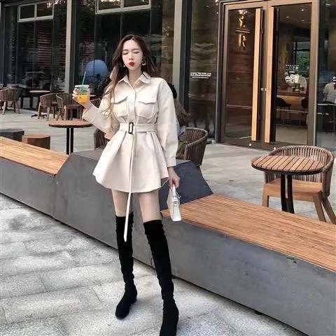 한국 스타일 헵번 울 코트 여성 학생 중간 길이 벨트 트렌치 겨울 슬림 핏 패션 오버코트