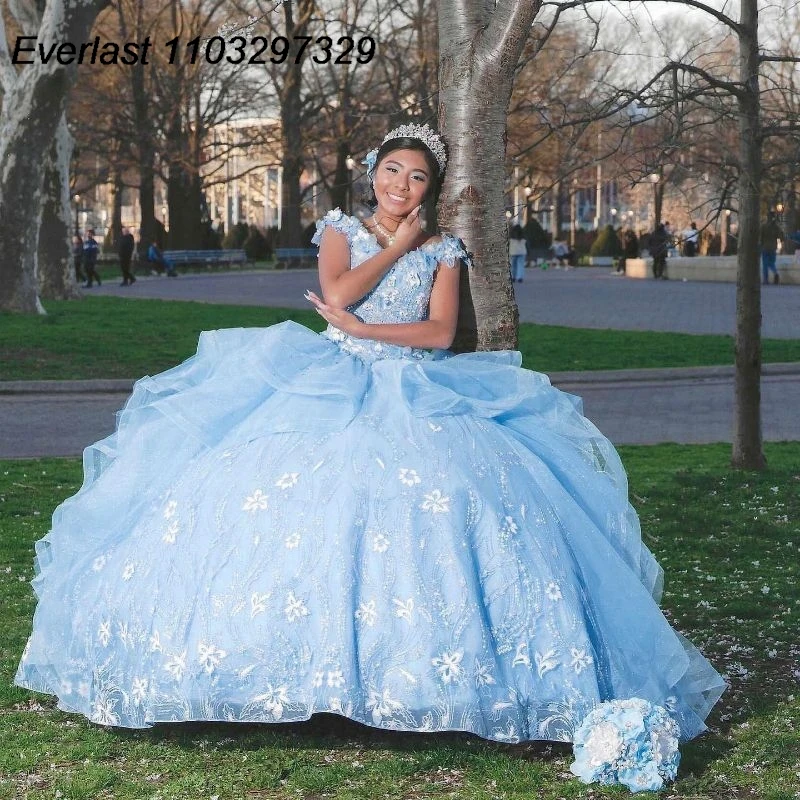 Evlast Prinses Blauwe Quinceanera Jurk Baljurk 3d Bloemen Applique Kralen Mexico Corset Sweet 16 Vestido De 15 Anos Tqd622