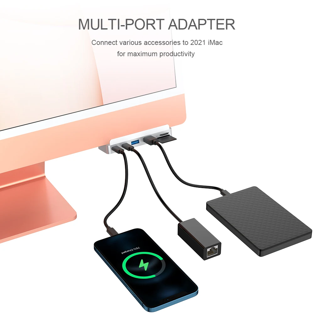 Imagem -03 - Qwiizlab Usb c Hub en Adaptador Usb-c 10gbps Usb-a 5gbps Lectores de Tarjetas 100mb s Hdmi 4k 60hz para Imac 24 Pulgadas m1 m3