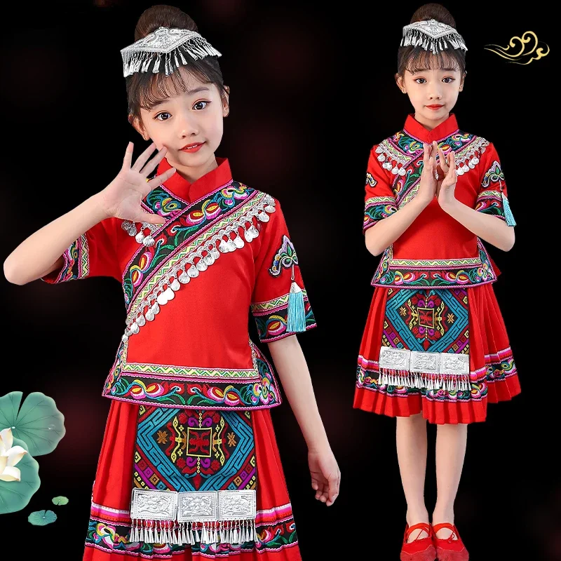 Chinese Traditional Hmong Costume Miao Dance National Perform Dance Wear Girls Minority Classical Stage Dance Modern Dress