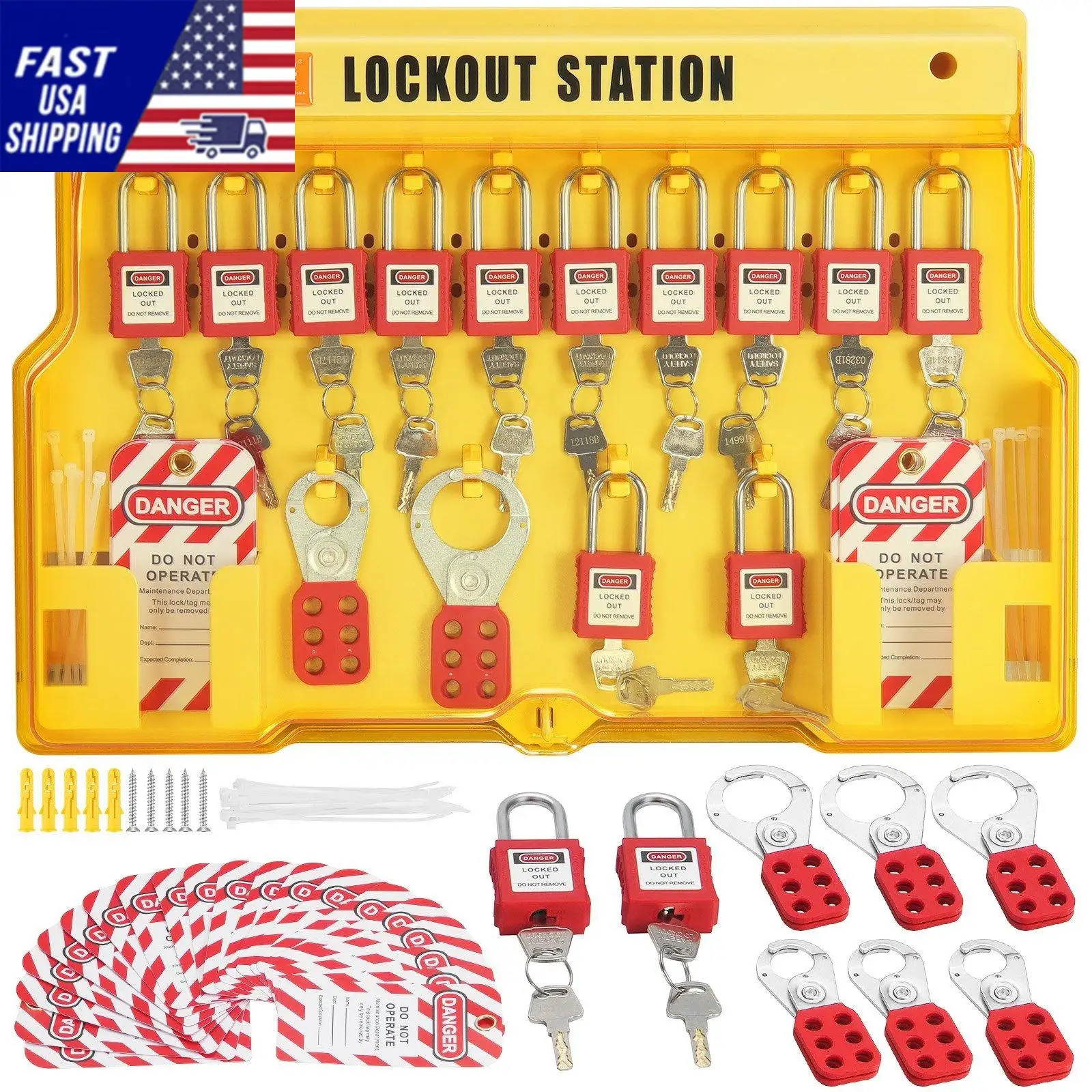 Electrical Lockout Tagout Kit, 60 PCS Safety Lockout Tagout Station Includes Padlocks, Hasps, Tags, Nylon Ties, Expansion