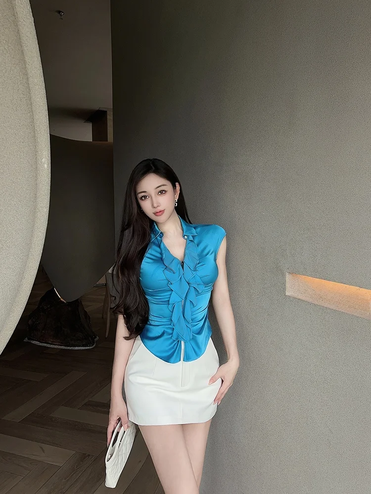 

Синяя атласная эластичная блузка с деревянным узором, приталенная, без рукавов, с V-образным вырезом, с защитой от УФ-излучения, летняя мода