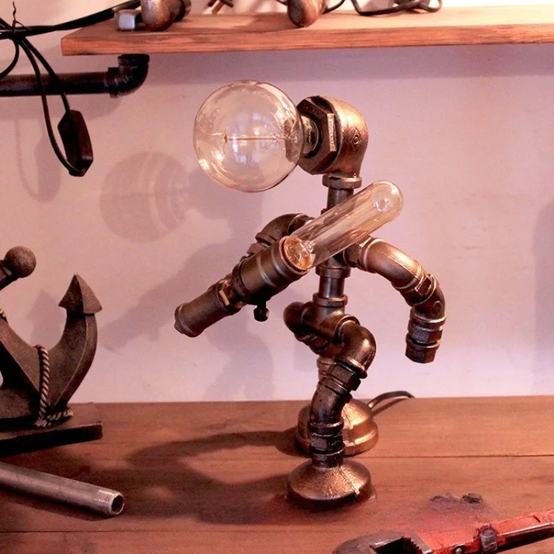 Loft Industrial Pipe Robot Table Lamp Creative Decor Light Bedside Bar Dorm Desk Lamp Holiday Gift Ornament