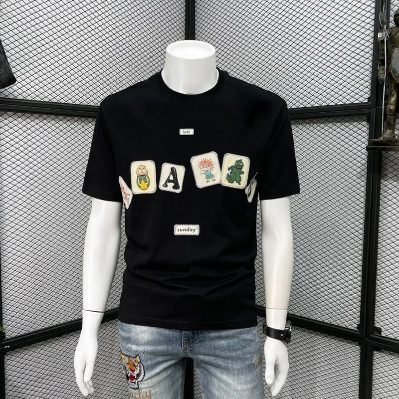 LIBIELIY Fashion O-Neck Spliced Printed Cartoon T-Shirts Men's Clothing 2024 Summer New Loose All-match Tops Casual Short Sleeve
