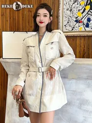 Office Ladies Luxury Designer Printed Patchwork Genuine Leather Coat Women Slim Fit V-Neck Elegant Real Sheepskin Long Jacket