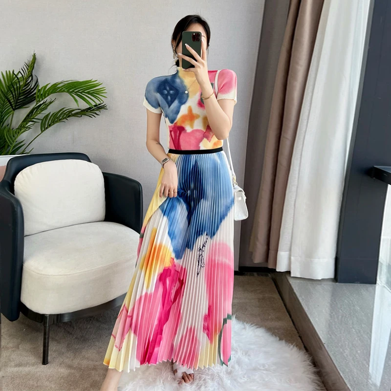 Women Fashion Printed Pleated Skirt Set Summer Elegant Lady Two Piece Set Casual Short Sleeve Top Skirt Suit Female Outfit