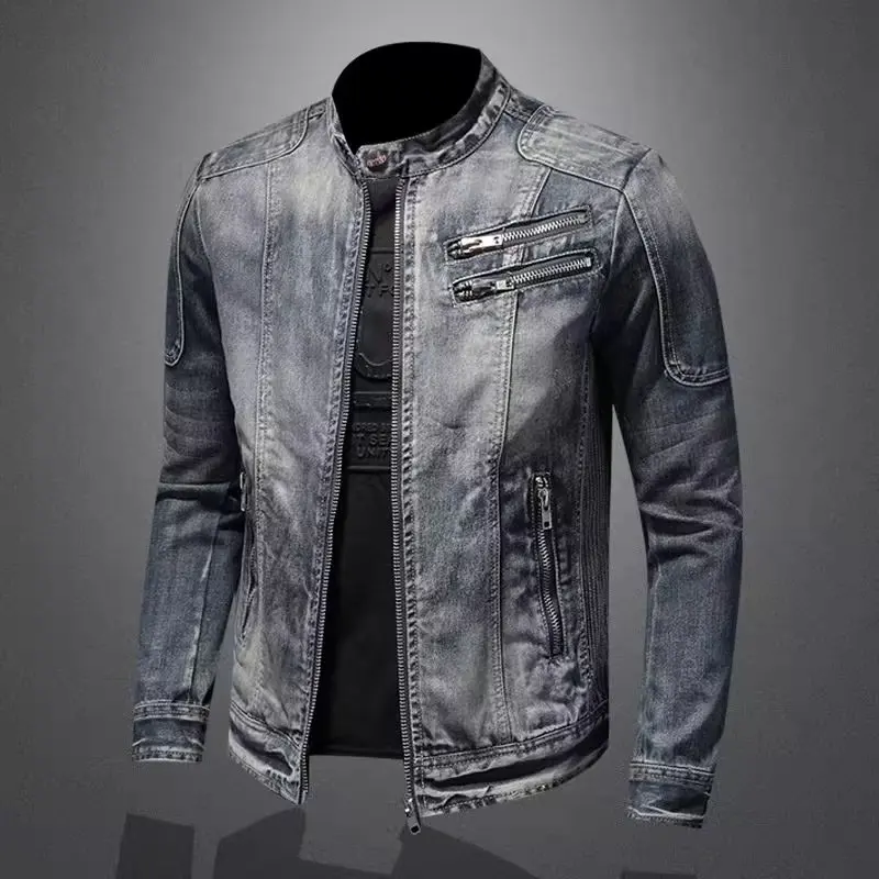 Męskie kurtki dżinsowe Płaszcze Płaszcz z zamkiem błyskawicznym Slim Fit Casual Solid Turn Down Collar Pełny rękaw Regularna kurtka Jesień Zima 2024