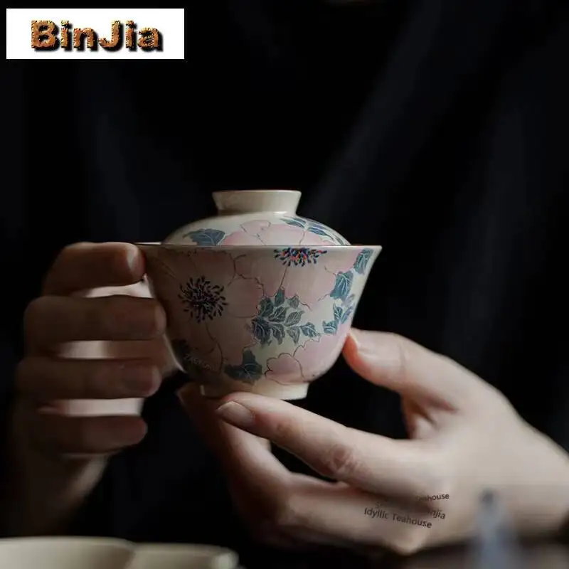 118ml Pure Hand-painted Peony Gaiwan Ancient Rough Pottery Powder Yin Tea Tureen Tea Maker Cover Bowl Chinese Tea Set Decoration