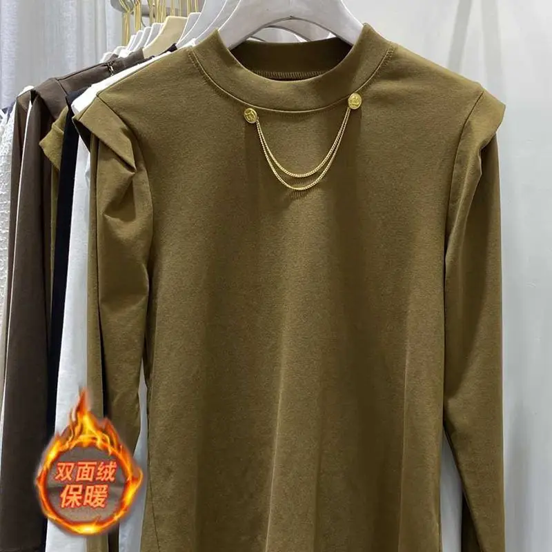 الخريف الألمانية المخملية تي شيرت الوجهين المخملية طويلة الأكمام تصميم تحسس الجولة الرقبة فضفاضة ضئيلة فقاعة الحد الأدنى بلايز عادية #5