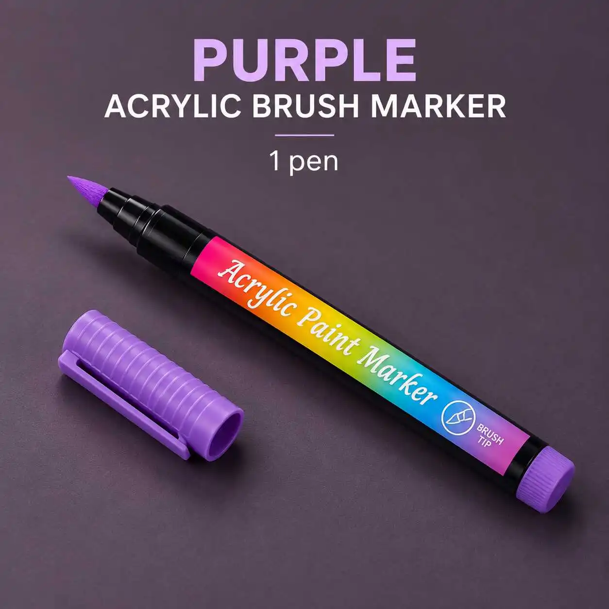 Purple Single End Acrylic Brush Marker Black Round Barrel Rainbow Label Ribbed Clip Cap One Pen for Drawing