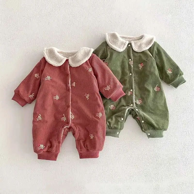 

Cute Baby Corduory Romper 0-3Years Newborn Boy Girl Long Sleeve Ebroidery Fleece Thicken Warm Jumpsuit Outerwear Winter Clothes