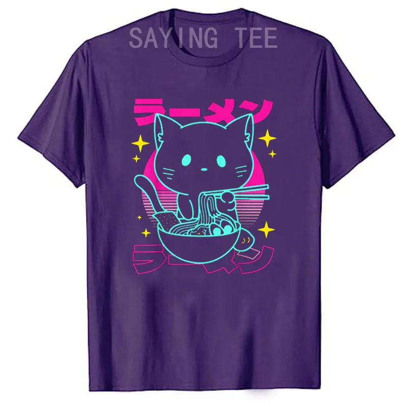 Anime Ramen Cat Retro Japanese Noodles Aesthetic Kawaii Cat T-Shirt Girl's Fashion Cartoon Kitty Eating Ramen Graphic Saying Tee