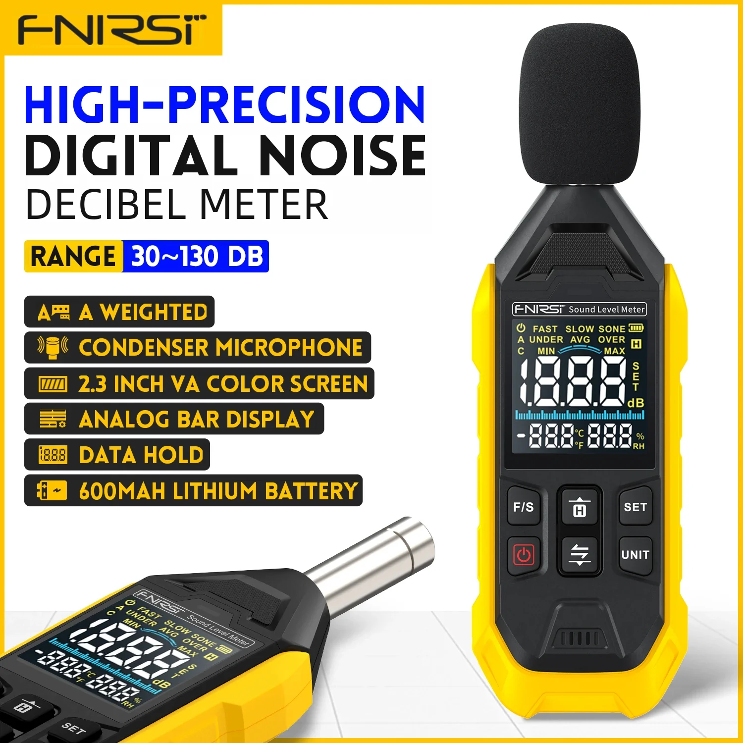 

FNIRSI FDM01 Digital Noise Meter Sound Level Meter Handheld DB Meter 30~130dB Audio Measuring Instrument 600mah lithium Battery