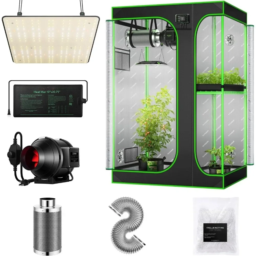 2-in-1 48” Reflective Grow Tent with VS1000 LED Grow Light, Trellis Netting, Inline Fan & Waterproof Seedling Heat Mat，Grow Tent