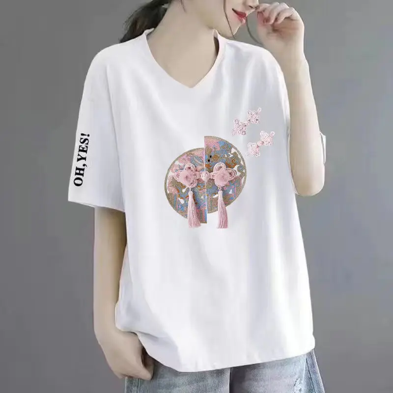 Blusa de manga corta de algodón con cuello en V para mujer, ropa elegante de moda Harajuku ajustada para mujer, Tops casuales sueltos que combinan con todo, Blusa lisa de manga corta