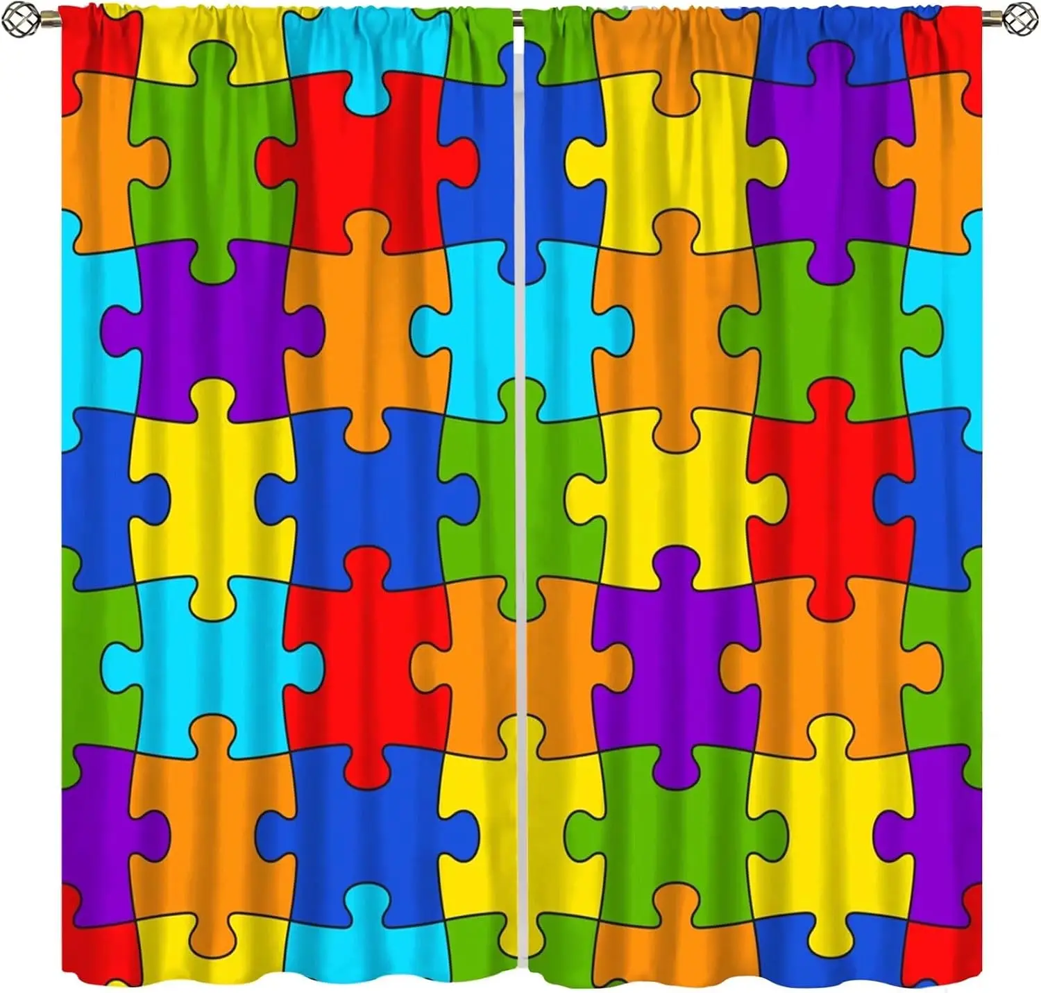 Rainbow Puzzle Piece Curtain Panels, Multi Color Interlocking Block Modern Educational Kids Pattern Drapes Classroom Decoration