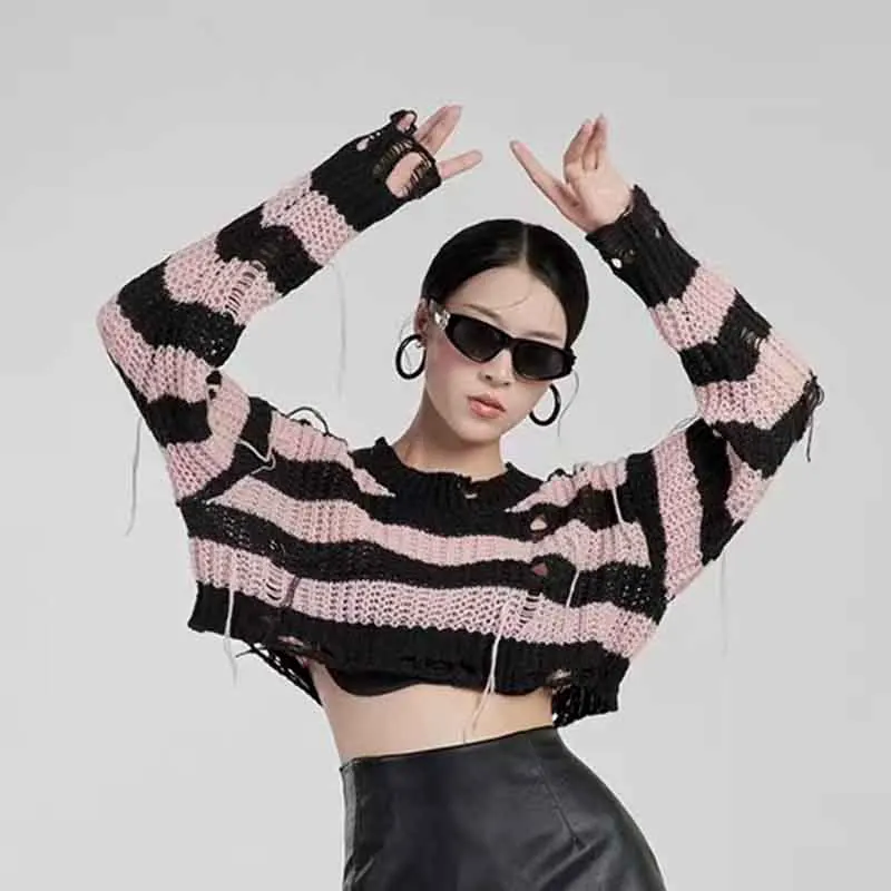 Gothic Pink Striped Women Knit Crop Sweaters Fashion Ripped Holes Tassel Pullover Frayed Y2K Korean Loose Streetwear Jumpers