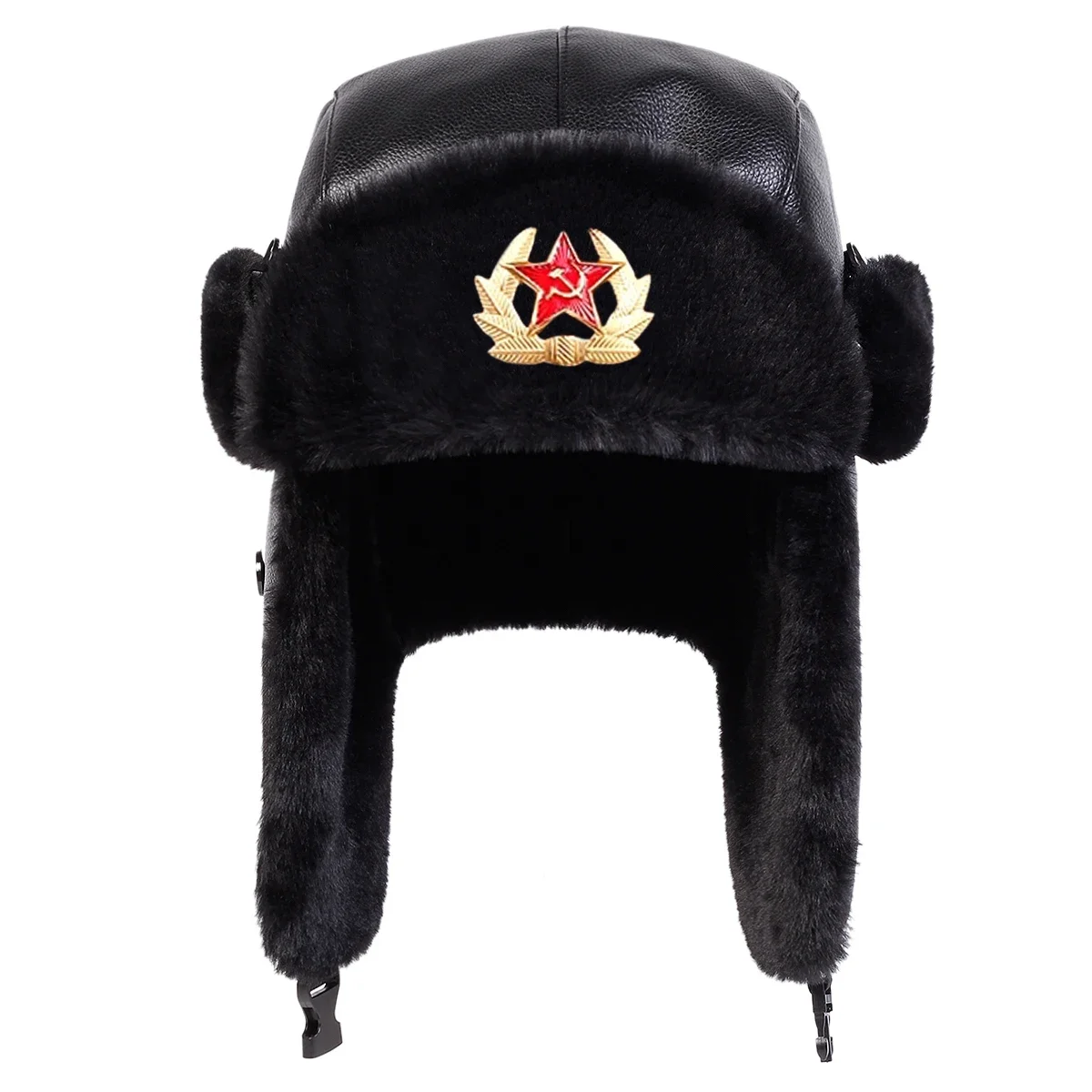Gorro unisex de cuero con insignia de estrella de cinco puntas, estilo Lei Feng, con orejeras, para invierno, para mantener el calor, para esquí, tipo aviador, para actividades en la nieve y equitación