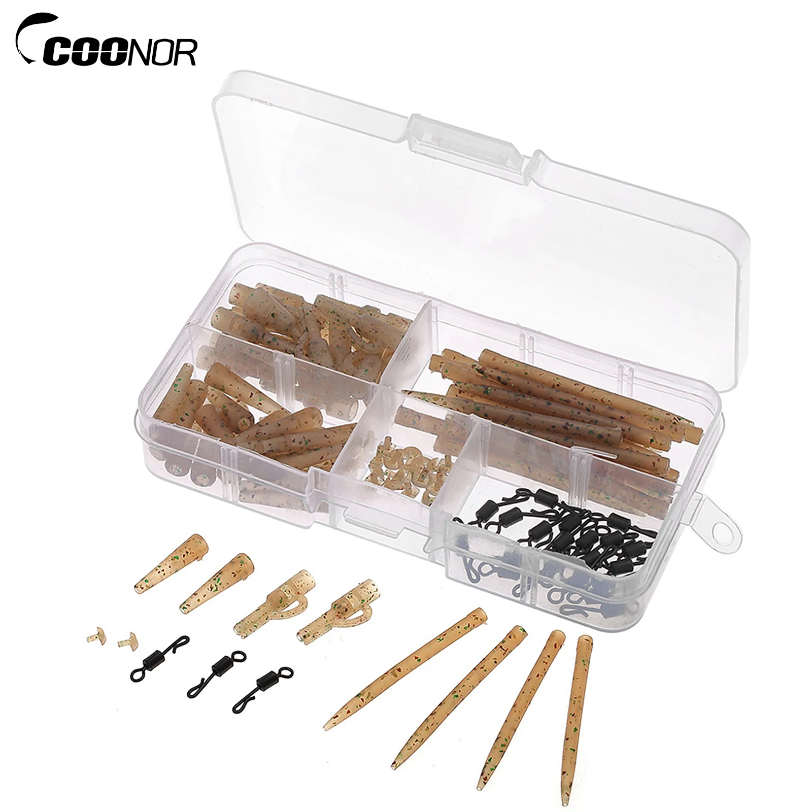 Coonor 100pcs Terminal Carp Fishing Tackle Safety Lead Clips with Pins Tail Rubber Tubes Anti Tangle Sleeves Quick Change