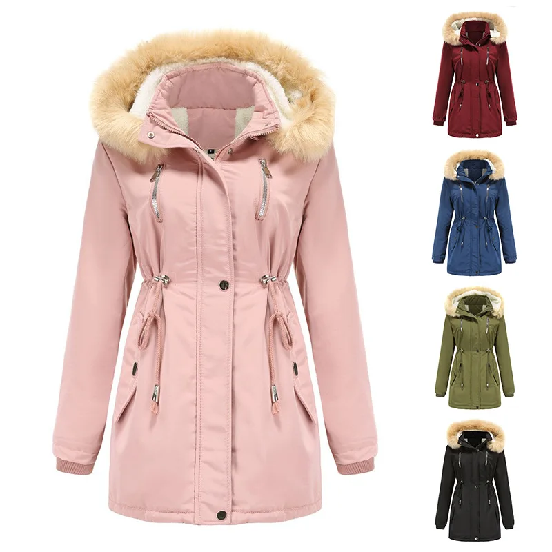 

Women's Autumn/Winter Thickened Coat Lamb Fleece Cotton Jacket Mid Length Slim Fit Hooded Solid Waist Slim Coat 5 Colors S-4XL