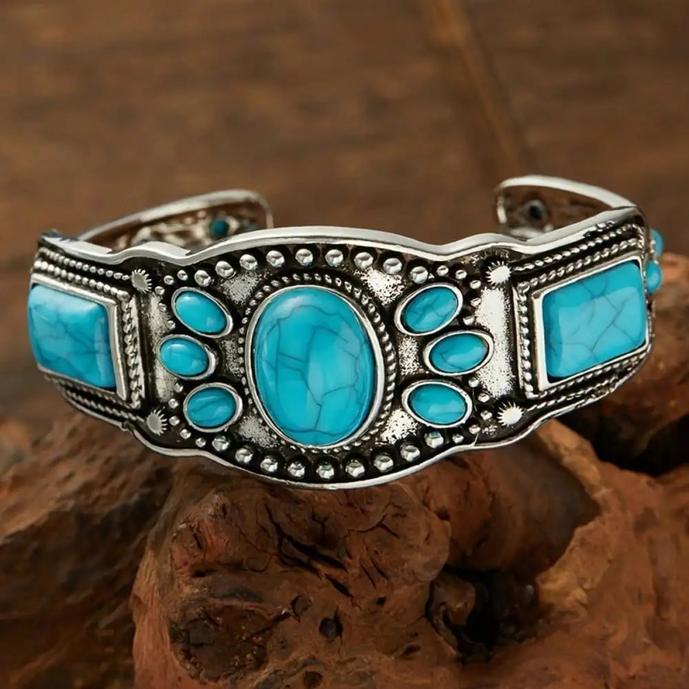 

Vintage Silvery Open Bracelet, Various Synthetic Designs, Bohemian Style, Handmade Engraving, For Holiday Commemorative Gifts